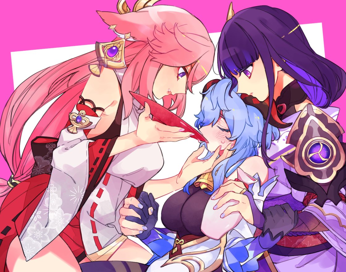3girls bare_shoulders bell blue_hair blunt_bangs blush closed_eyes earrings feeding from_side ganyu_(genshin_impact) genshin_impact goat_horns grabbing grabbing_another's_breast group_sex hair_between_eyes hair_ornament hand_on_another's_chin hand_up holding_hands horns japanese_clothes jewelry leaning_back leaning_forward light_blue_hair long_hair looking_down mitsudomoe_(shape) multiple_girls neck_bell pendant pink_hair purple_eyes purple_hair purple_nails raiden_shogun sitting sweatdrop threesome tomoe_(symbol) torigara_cha yae_miko yuri