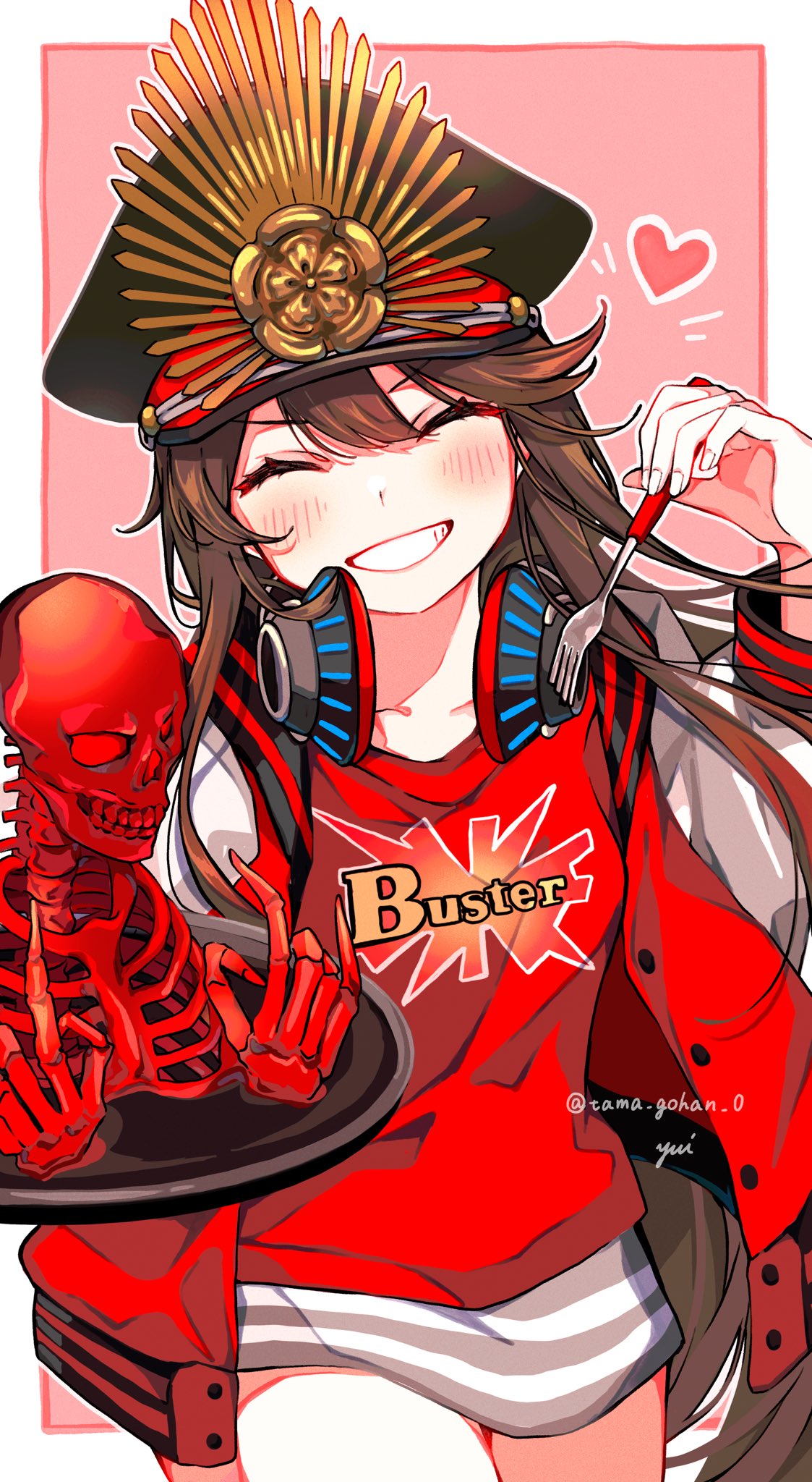 1girl \m/ ^_^ artist_name black_headwear blush border brown_hair buster_shirt closed_eyes clothes_writing commentary cowboy_shot double_\m/ facing_viewer fate/grand_order fate_(series) fork grin hat head_tilt headphones headphones_around_neck heart highres holding holding_fork holding_plate jacket letterman_jacket long_hair long_sleeves oda_nobunaga_(fate) oda_nobunaga_(swimsuit_berserker)_(fate) oda_nobunaga_(swimsuit_berserker)_(first_ascension)_(fate) oda_uri open_clothes open_jacket outline outside_border peaked_cap pink_background plate red_jacket red_shirt shirt signature simple_background skeleton smile solo white_border white_outline yui_(tamagohan)