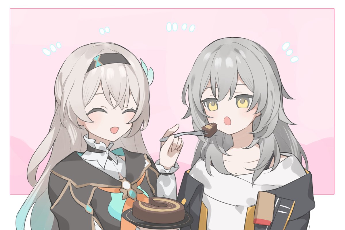 2girls :d :o arms_at_sides black_hairband black_jacket blue_bow blue_hair blush border bow cake chocolate_cake collarbone crossed_bangs facing_another feeding firefly_(honkai:_star_rail) food fork gradient_hair grey_hair hair_between_eyes hair_bow hair_intakes hairband holding holding_fork holding_plate honkai:_star_rail honkai_(series) jacket long_hair long_sleeves looking_at_another multicolored_hair multiple_girls neckerchief notice_lines off-shoulder_jacket off_shoulder open_clothes open_jacket open_mouth orange_neckerchief outside_border pink_background plate sidelocks simple_background smile stelle_(honkai:_star_rail) trailblazer_(honkai:_star_rail) upper_body white_border yellow_eyes younomiti