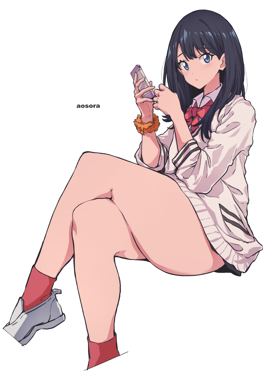 aosora2823 artist_name blue_eyes blue_hair bow bowtie cropped_legs crossed_legs dot_nose from_side gridman_universe hands_up highres holding holding_phone long_hair long_sleeves looking_at_viewer phone red_bow red_bowtie scrunchie shirt simple_background sitting ssss.gridman straight_hair takarada_rikka thick_thighs thighs white_background white_shirt wrist_scrunchie