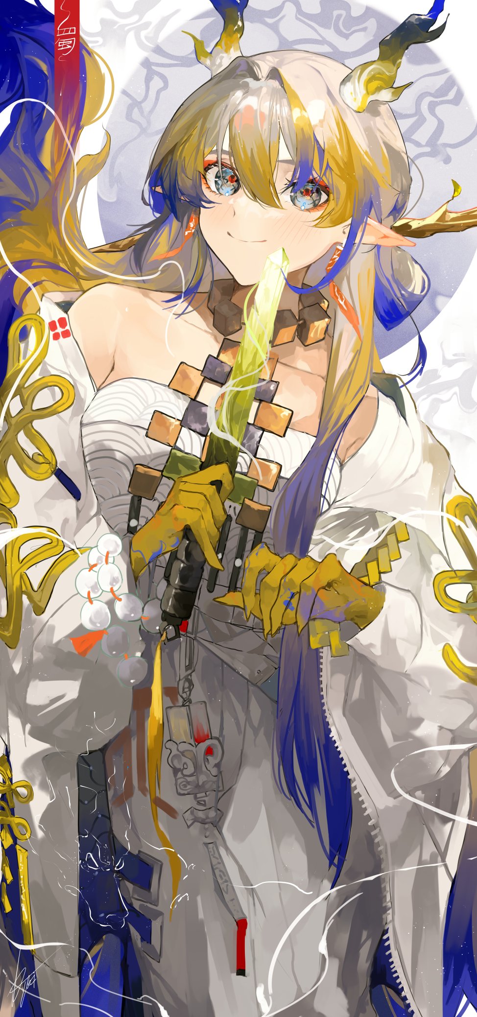 1girl arknights bare_shoulders bead_bracelet beads blonde_hair blue_hair blush bracelet breasts choker closed_mouth collarbone colored_skin colored_tips commentary dagger dragon_girl dragon_horns earrings green_hair grey_eyes grey_hair hair_ornament hair_stick highres holding holding_dagger holding_knife holding_weapon horns jacket jewelry knife light_particles long_hair long_sleeves looking_at_viewer multicolored_hair off_shoulder open_clothes open_jacket pants pointy_ears shirt shu_(arknights) small_breasts smile solo stick strapless strapless_shirt streaked_hair tassel tassel_earrings very_long_hair weapon white_jacket white_pants white_shirt yuki_flourish zipper