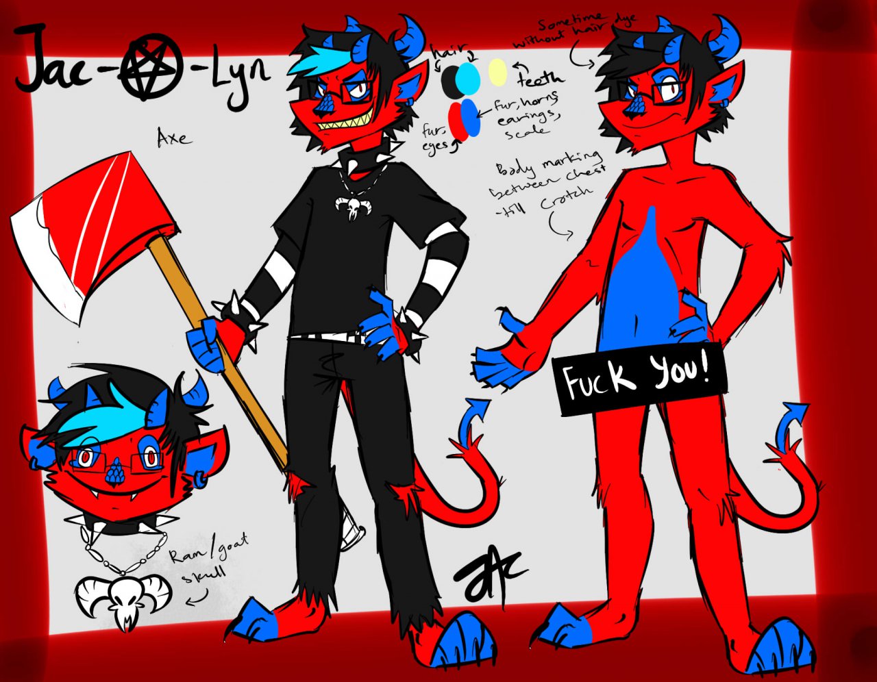anthro arm_warmers armwear black_clothing black_hair black_nose black_shirt black_t-shirt black_topwear blue_and_red blue_body blue_eyes blue_fur blue_hair blue_horn blue_nose blue_sclera bone bracelet clothing collar demon ear_piercing ear_ring eyewear felid felid_demon feline_demon female fire_axe fur glasses goat_skull hair holding_axe holding_object holding_weapon horn hybrid jac-o-lyn jac-o-lyn_(character) jewelry lion lion_demon mammal model_sheet necklace pantherine pattern_arm_warmers pattern_armwear pattern_clothing piercing pupils red_body red_eyes red_fur red_pupils red_tail ring_piercing shirt skull skull_necklace solo spade_tail spiked_bracelet spiked_collar spikes striped_arm_warmers striped_armwear striped_clothing stripes t-shirt tail topwear weapon