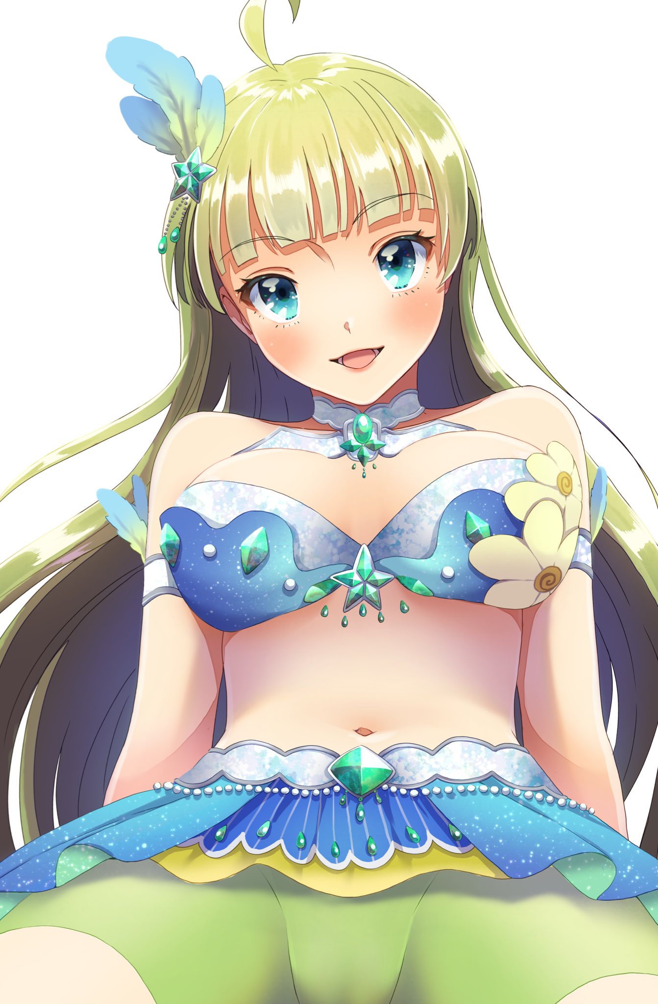 1girl ahoge aqua_eyes armlet bare_arms bare_shoulders belt blue_bra blue_skirt blunt_bangs blush bra breasts cameltoe chest_jewel collar commentary_request cowboy_shot detached_collar eyelashes feather_hair_ornament feathers gem green_gemstone green_hair green_shorts hair_ornament high_collar highres idol idolmaster idolmaster_million_live! large_breasts long_hair looking_at_viewer lower_teeth_only mining_helmet navel open_mouth shimabara_elena short_shorts shorts shorts_under_skirt simple_background sitting skirt smile solo star-shaped_gem star_(symbol) star_hair_ornament stomach stomach_jewel strapless strapless_bra teeth underwear wavy_hair white_background white_belt white_collar witoi_(roa)