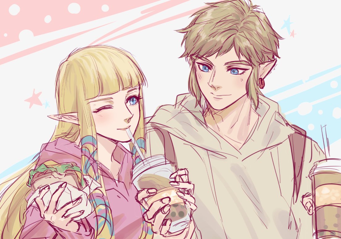 1boy 1girl blonde_hair blue_eyes blue_ribbon blunt_bangs bubble_tea closed_mouth cup drinking_straw drinking_straw_in_mouth food grey_hoodie hair_ribbon holding holding_cup holding_sandwich hood hoodie kurokawa_karasu light_blush link long_hair looking_at_another one_eye_closed pink_hoodie pointy_ears princess_zelda ribbon sandwich short_hair sidelocks sketch smile the_legend_of_zelda the_legend_of_zelda:_skyward_sword upper_body