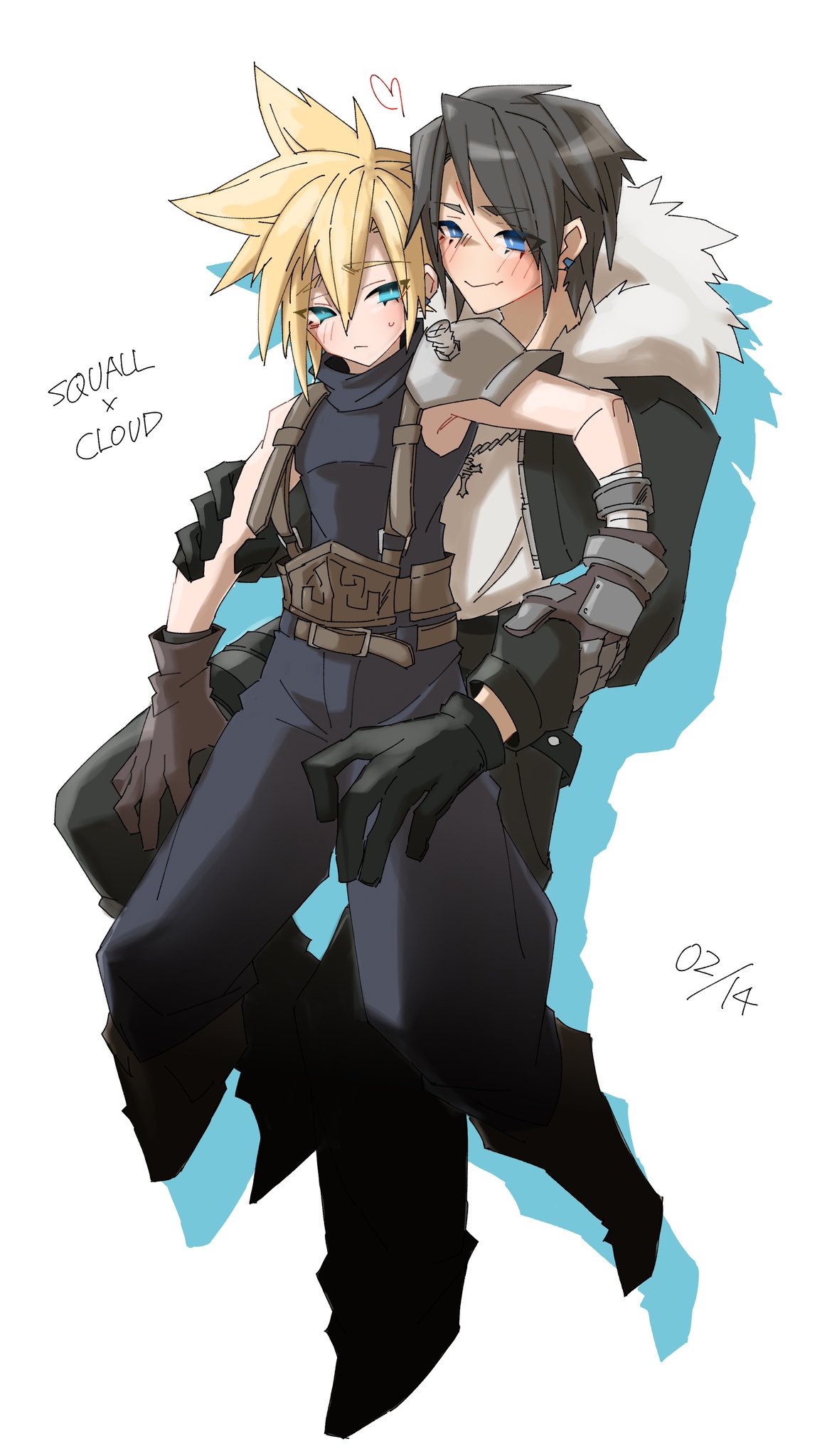 0087_ni 2boys armor asymmetrical_armor bandaged_arm bandages belt black_gloves black_jacket black_pants blonde_hair blue_eyes blue_pants blush brown_gloves brown_hair character_name cloud_strife commentary_request couple dated drop_shadow earrings fang final_fantasy final_fantasy_vii final_fantasy_viii full_body fur-trimmed_jacket fur_trim gloves hand_on_another's_arm heart highres hoop_earrings hug hug_from_behind jacket jewelry leather_belt long_sleeves looking_back male_focus multiple_belts multiple_boys necklace open_clothes open_jacket pants pauldrons puffy_pants scar scar_on_face scar_on_forehead shirt short_hair shoulder_armor single_pauldron skin_fang sleeveless sleeveless_turtleneck spiked_hair spoken_heart squall_leonhart studded_belt suspenders sweatdrop turtleneck white_background white_shirt yaoi