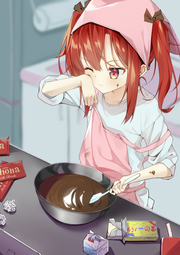 1girl apron bowl chocolate chocolate_on_face choro_tofu food food_on_face head_scarf holding holding_spatula indoors long_hair one_eye_closed original red_eyes red_hair solo spatula stirring twintails valentine wiping_face