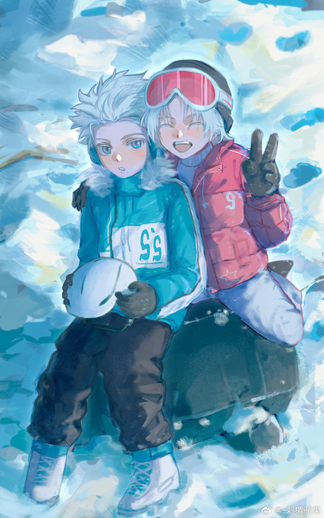2boys aged_down blue_eyes coat cold dante_(devil_may_cry) devil_may_cry_(series) duffel_coat gloves hair_slicked_back highres holding looking_at_viewer male_focus multiple_boys open_mouth outdoors siblings smile snow snowing twins vergil_(devil_may_cry) white_hair winter winter_clothes