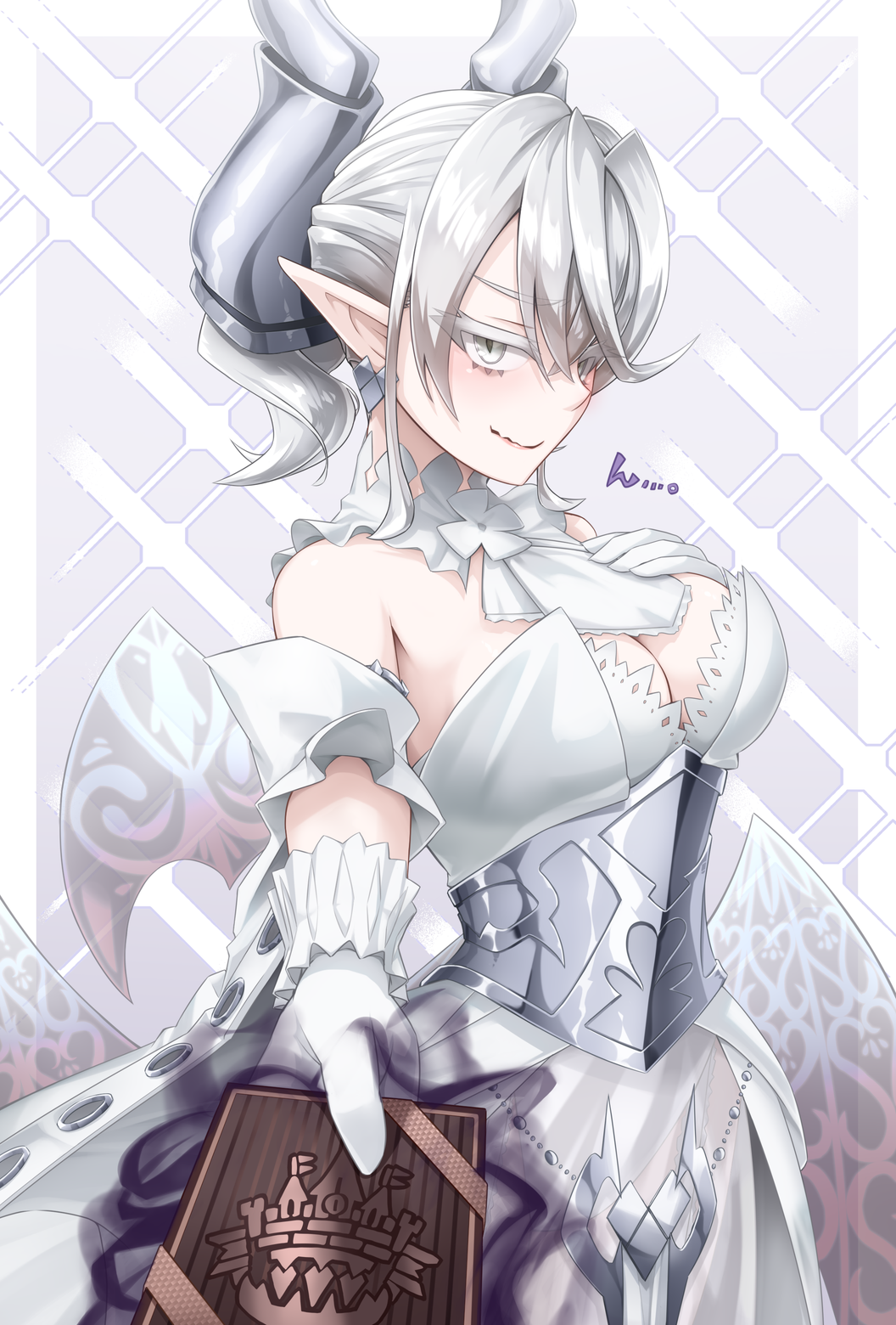 aura breasts card cleavage dark_aura duel_monster gloves grey_eyes highres holding holding_card horns looking_at_viewer lovely_labrynth_of_the_silver_castle medium_breasts nm_(tshell2761) smile valentine yu-gi-oh!
