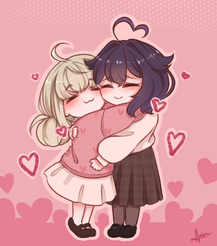 2girls :3 ahoge araga_kiwi arisu_art black_footwear blush brown_footwear brown_skirt chibi closed_eyes closed_mouth double_bun eyebrows_hidden_by_hair full_body green_hair hair_between_eyes hair_bun heart heart_ahoge hiiragi_utena hug mahou_shoujo_ni_akogarete multiple_girls pink_background pink_sweater pleated_skirt purple_hair signature skirt sweater thighhighs white_skirt white_sweater white_thighhighs yuri