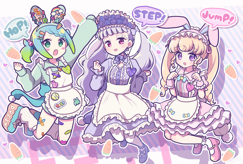 3girls :d alternate_costume alternate_hairstyle animal_ear_hairband animal_ears apron arm_up bandaid bandaid_on_leg blonde_hair blue_hair blue_jacket blunt_bangs bonnet carrot center_frills collared_dress commentary_request decora dress fake_animal_ears frilled_apron frilled_dress frills full_body gradient_hair green_eyes green_hair grey_hair hairband hands_up idol_time_pripara jacket jersey_maid jumping koda_michiru kokichi_yoko long_hair looking_at_viewer loose_socks maid maid_apron mary_janes miichiru_(pripara) multicolored_hair multiple_girls nijiiro_nino open_mouth outline outstretched_arm pink_dress pink_footwear ponytail pretty_series pripara purple_dress purple_eyes purple_footwear rabbit_ears red_eyes ringlets shoes short_hair smile socks speech_bubble track_jacket twintails unconventional_maid very_long_hair waist_apron wavy_hair white_apron white_outline wrist_cuffs yumekawa_yui