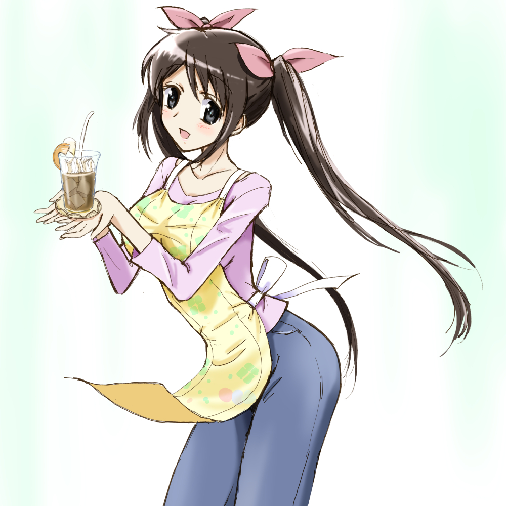 1girl :d alternate_costume alternate_hairstyle apron black_eyes breasts brown_hair commentary_request cowboy_shot cup denim drinking_straw eyebrows_visible_through_hair hair_ribbon holding holding_cup jeans kinfuji large_breasts long_hair long_sleeves looking_at_viewer milk_tea open_mouth original pants pink_ribbon pink_shirt ribbon shirt simple_background smile solo touge_chayako twintails white_background yellow_apron