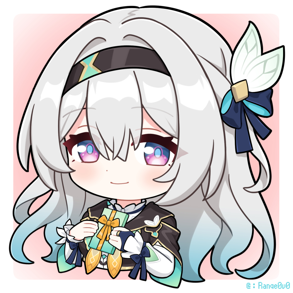 1girl black_jacket blue_eyes blue_hair blue_pupils blue_ribbon blush border bow box box_of_chocolates bridal_gauntlets chibi closed_mouth collared_shirt cropped_torso crossed_bangs dot_nose firefly_(honkai:_star_rail) gift gradient_hair grey_hair hair_between_eyes hair_bow hair_intakes hair_ribbon holding holding_gift honkai:_star_rail honkai_(series) jacket jiu_fanglianhua long_hair long_sleeves looking_at_viewer multicolored_hair outside_border pink_background pink_eyes ribbon shirt sidelocks smile solo twitter_username two-tone_eyes valentine white_border white_bow white_shirt