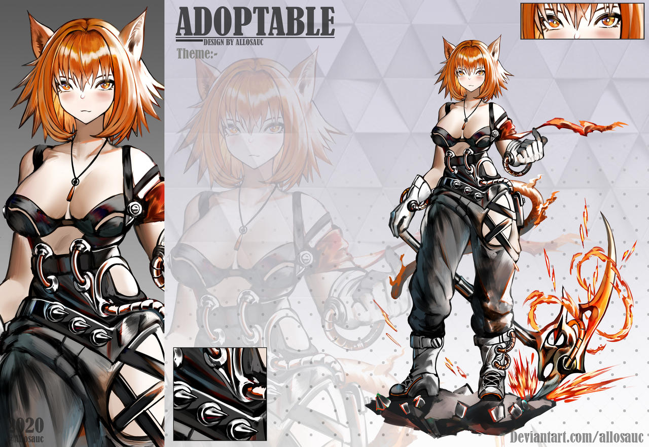 1girl 2020 :3 adoptable allosauc animal_ears artist_name bare_arms bare_shoulders belt belt_buckle black_belt black_bra black_pants boots bra breasts bright_pupils buckle burning cat_ears cat_tail cleavage close-up closed_mouth clothing_cutout cowboy_shot cross-laced_footwear deviantart_username english_text fire full_body gloves gradient_background grey_background hair_between_eyes high-waist_pants high_heel_boots high_heels holding holding_pickaxe jewelry large_breasts light_blush light_smile looking_at_viewer low_neckline medium_hair multiple_belts multiple_views necklace orange_eyes orange_hair original pants pickaxe polka_dot polka_dot_background projected_inset pyrokinesis reference_sheet rock shoe_belt side_slit simple_background spiked_belt stomach_cutout tail thigh_cutout triangle_background underwear white_belt white_footwear white_gloves white_pupils