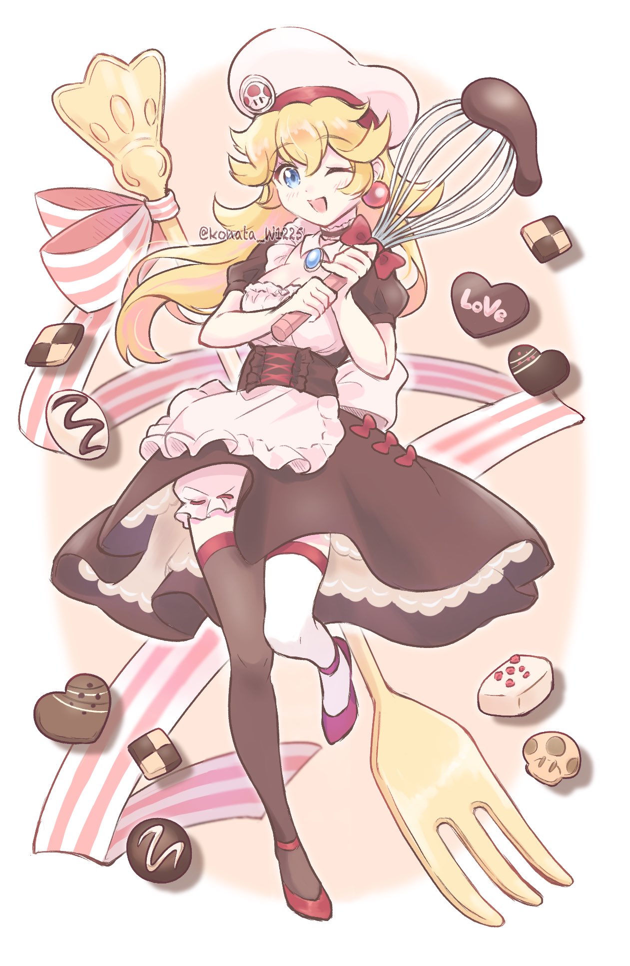 1girl asymmetrical_legwear bakery blonde_hair blue_eyes chef_hat chocolate cookie food fork hat highres holding holding_whisk konata_w1225 looking_at_viewer mario_(series) mismatched_legwear one_eye_closed open_mouth princess_peach shop thighhighs whisk