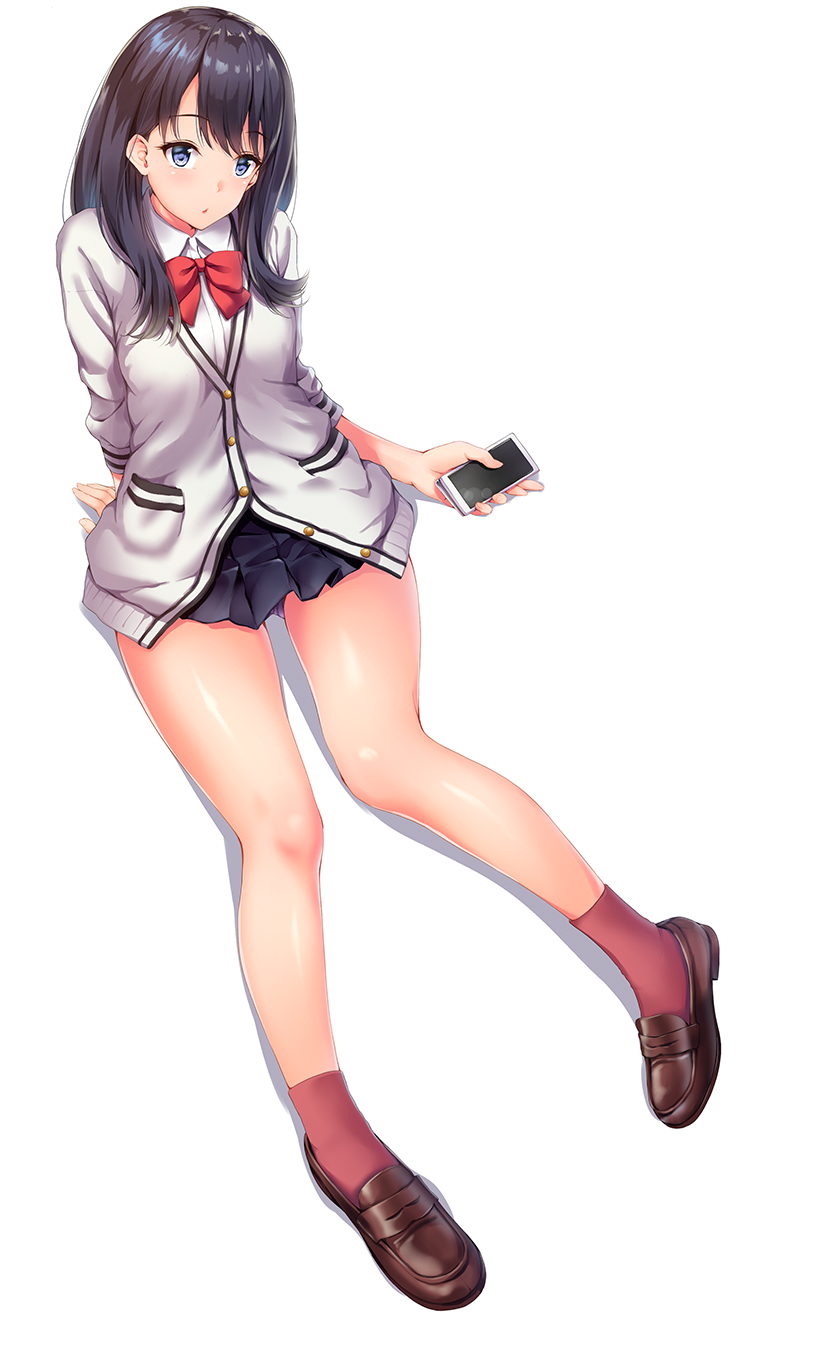 1girl awa_yume bare_legs black_hair black_skirt blue_eyes bow bowtie brown_footwear cellphone collared_shirt full_body highres holding holding_phone loafers long_hair long_sleeves looking_at_viewer phone pleated_skirt red_legwear red_neckwear school_uniform shirt shoes simple_background skirt smartphone socks solo ssss.gridman straight_hair takarada_rikka thighs white_background white_cardigan white_shirt