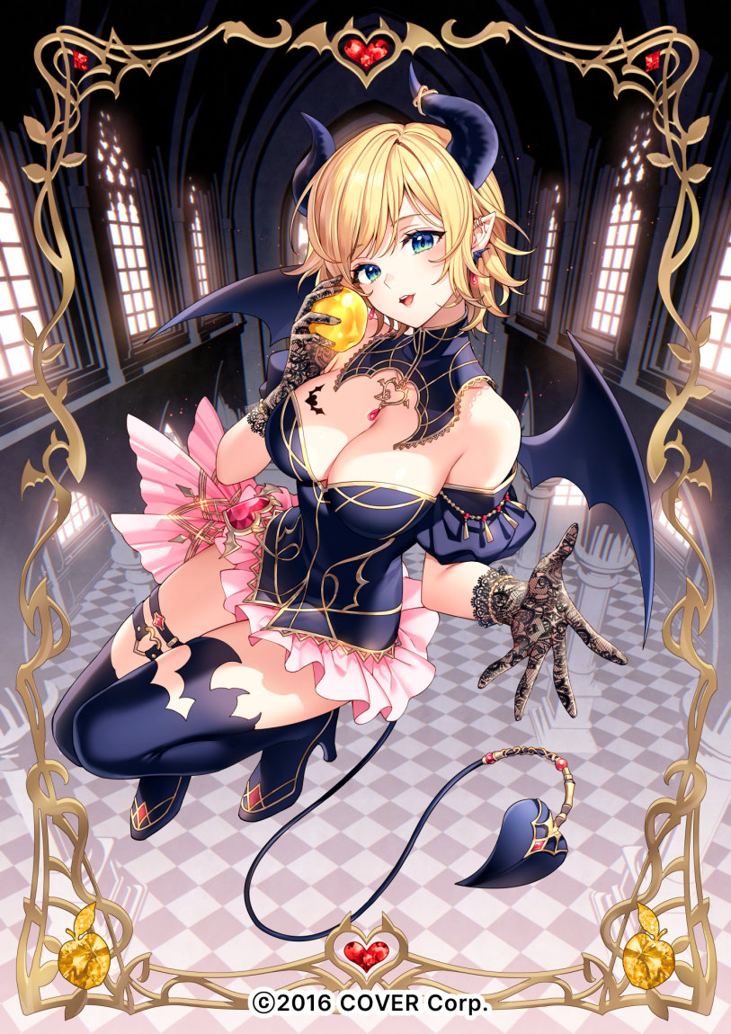 1girl alternate_costume alternate_hairstyle apple belt black_horns blonde_hair blue_eyes breast_tattoo breasts checkered_floor cleavage commentary demon_horns demon_tail demon_wings earrings flying food fruit gloves golden_apple gradient_eyes green_eyes high_heels holding holding_food hololive horn_ornament horns indoors jewelry large_breasts looking_at_viewer microskirt multicolored_eyes nardack official_art open_mouth pink_skirt pointy_ears reaching reaching_towards_viewer skirt solo swept_bangs tail tail_ornament tattoo teeth thigh_belt thigh_strap tile_floor tiles upper_teeth_only virtual_youtuber window wings yuzuki_choco
