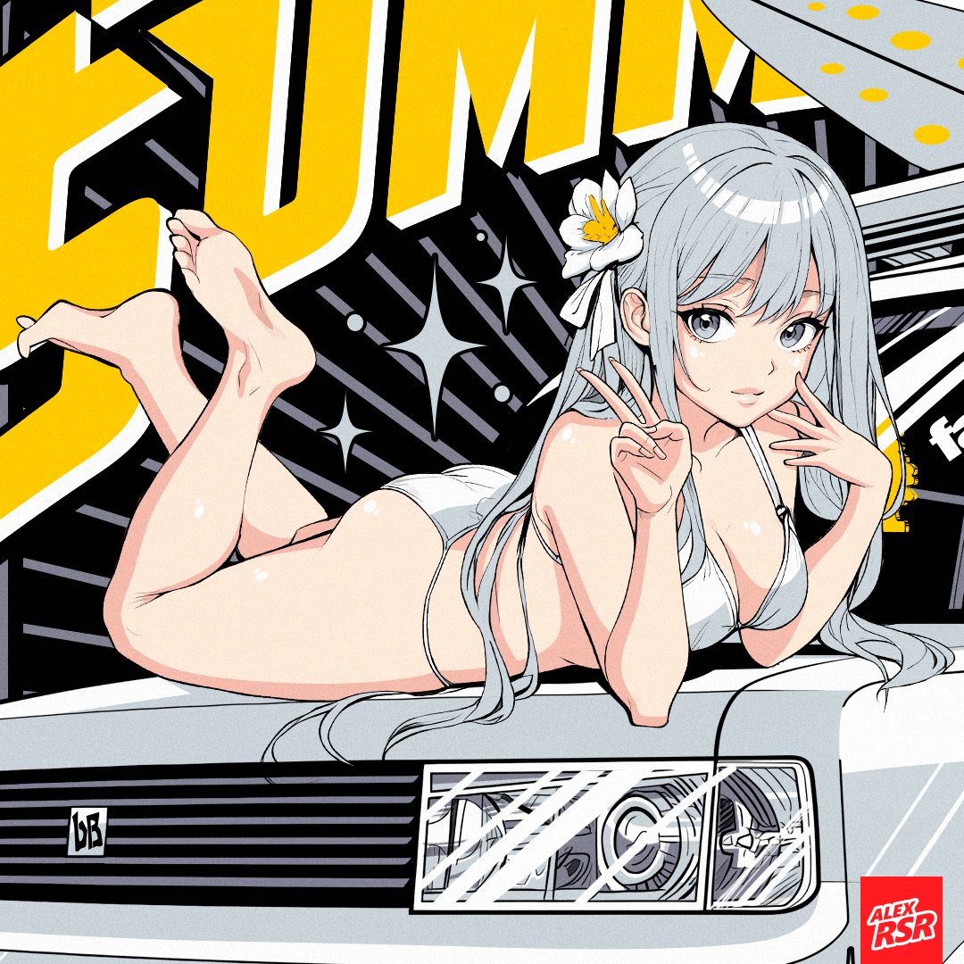 1girl alex_rsr artist_logo ass barefoot breasts cleavage collarbone flower grey_hair hair_flower hair_ornament long_hair looking_at_viewer lying medium_breasts navel on_stomach on_vehicle original pink_lips smile soles solo sparkle surfboard the_pose toyota toyota_bb