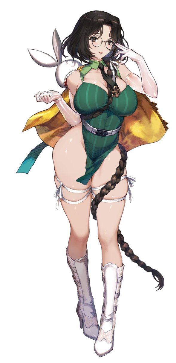 1girl adjusting_eyewear belt boots braid braided_ponytail breasts brown_dust_2 brown_eyes brown_hair cape cleavage curvy diana_(brown_dust) dress elbow_gloves full_body game_cg gloves green_dress groin high_heel_boots high_heels highres large_breasts light_blush long_hair looking_at_viewer mole mole_under_mouth no_panties official_art open_mouth ponytail round_eyewear second-party_source shiny_skin simple_background skindentation solo thick_thighs thigh_strap thighs twing_glutti very_long_hair white_background white_footwear white_gloves wide_hips yellow_cape