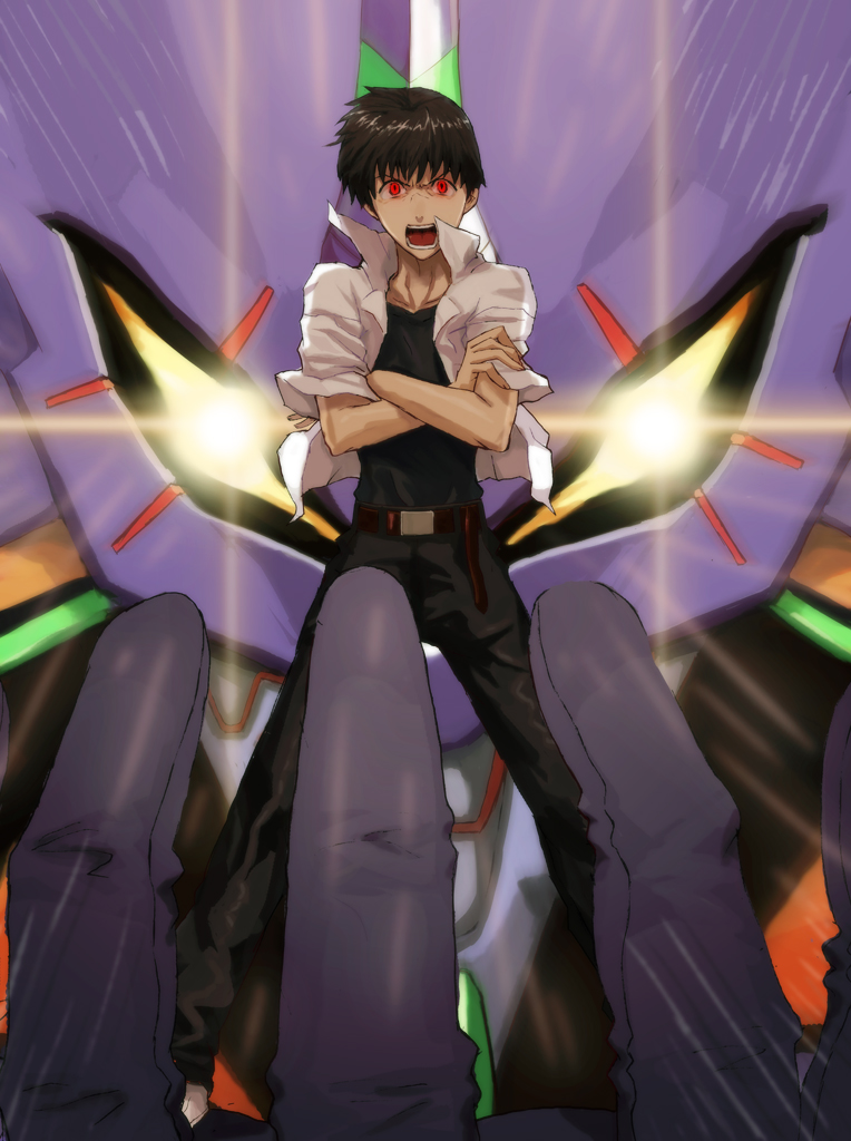 1boy belt black_pants brown_hair company_connection crossed_arms eva_01 gainax glowing glowing_eyes gunbuster_pose ikari_shinji mecha neon_genesis_evangelion ogros open_mouth pants red_eyes robot shirt tengen_toppa_gurren_lagann white_shirt