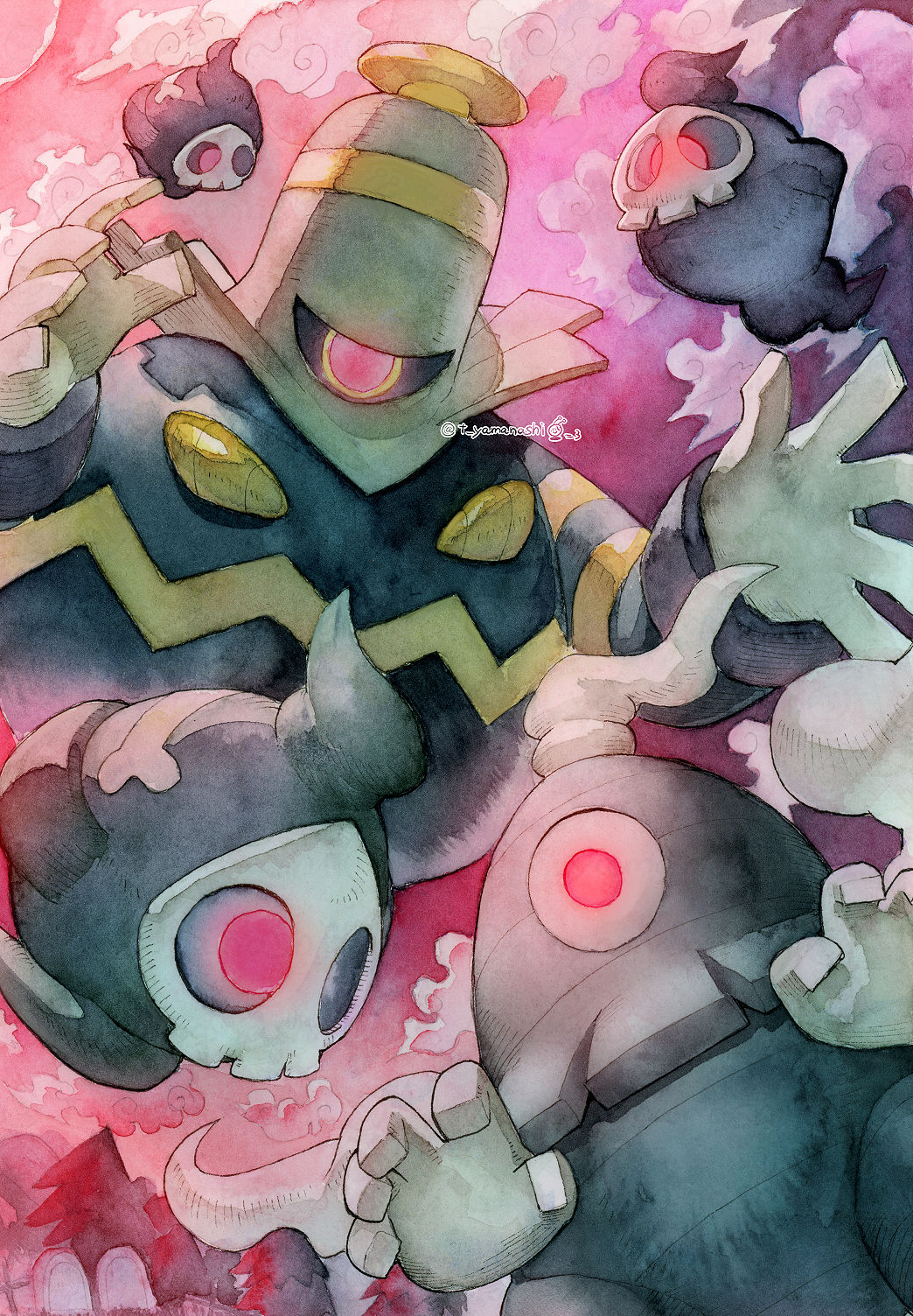 commentary_request dusclops dusknoir duskull evolutionary_line glowing glowing_eyes hands_up highres looking_at_viewer no_humans pokemon pokemon_(creature) red_eyes twitter_username watermark yamanashi_taiki