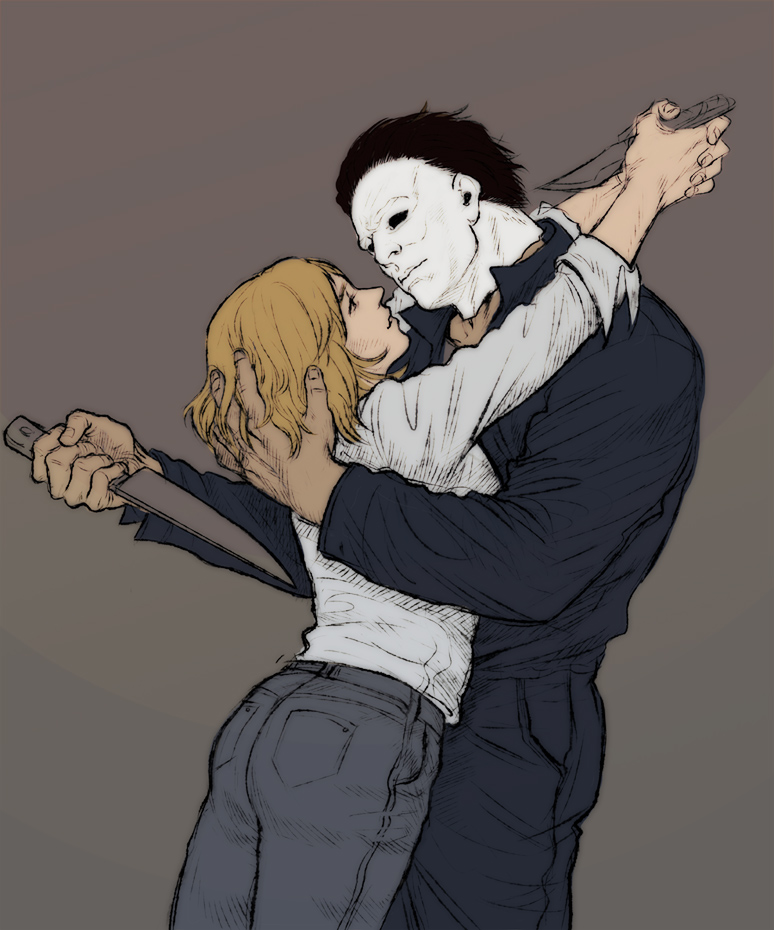 1boy 1girl berman1983 blonde_hair halloween_(movie) hand_on_another's_head holding holding_knife holding_weapon knife long_sleeves mask michael_myers shirt simple_background weapon white_mask white_shirt