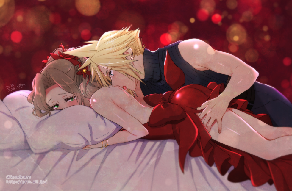 1boy 1girl aerith_gainsborough back_bow backless_dress backless_outfit bangs bare_arms bed_sheet blonde_hair blue_eyes blue_shirt blush bow bracelet brown_hair cloud_strife couple dress earrings face_in_pillow final_fantasy final_fantasy_vii final_fantasy_vii_remake flamenco_dress flower green_eyes hair_flower hair_ornament hair_ribbon hand_under_clothes jewelry krudears licking_back long_hair looking_at_another official_alternate_costume parted_bangs pillow ponytail red_dress red_flower red_ribbon ribbon shirt short_hair side_slit single_earring sleeveless sleeveless_turtleneck spiked_hair turtleneck