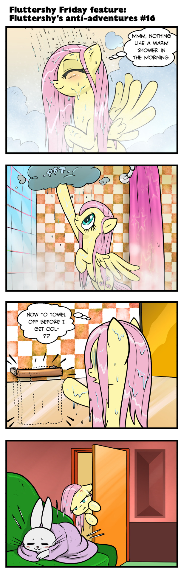 angel_(mlp) bathing bathroom blush cloud comic cutie_mark english_text equid equine feathered_wings feathers female feral fluttershy_(mlp) friendship_is_magic hair hasbro hi_res mammal my_little_pony pegasus pencils_(artist) pink_hair raincloud shower showering solo text wings yellow_body