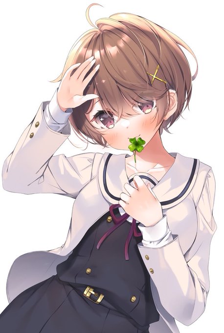 1girl arm_up bangs black_dress blush brown_eyes brown_hair closed_mouth clover collarbone commentary_request dress eyes_visible_through_hair four-leaf_clover hair_over_one_eye head_tilt jacket ko_yu long_sleeves looking_at_viewer mouth_hold neck_ribbon original purple_ribbon ribbon sailor_collar short_hair simple_background smile solo white_background white_jacket white_sailor_collar