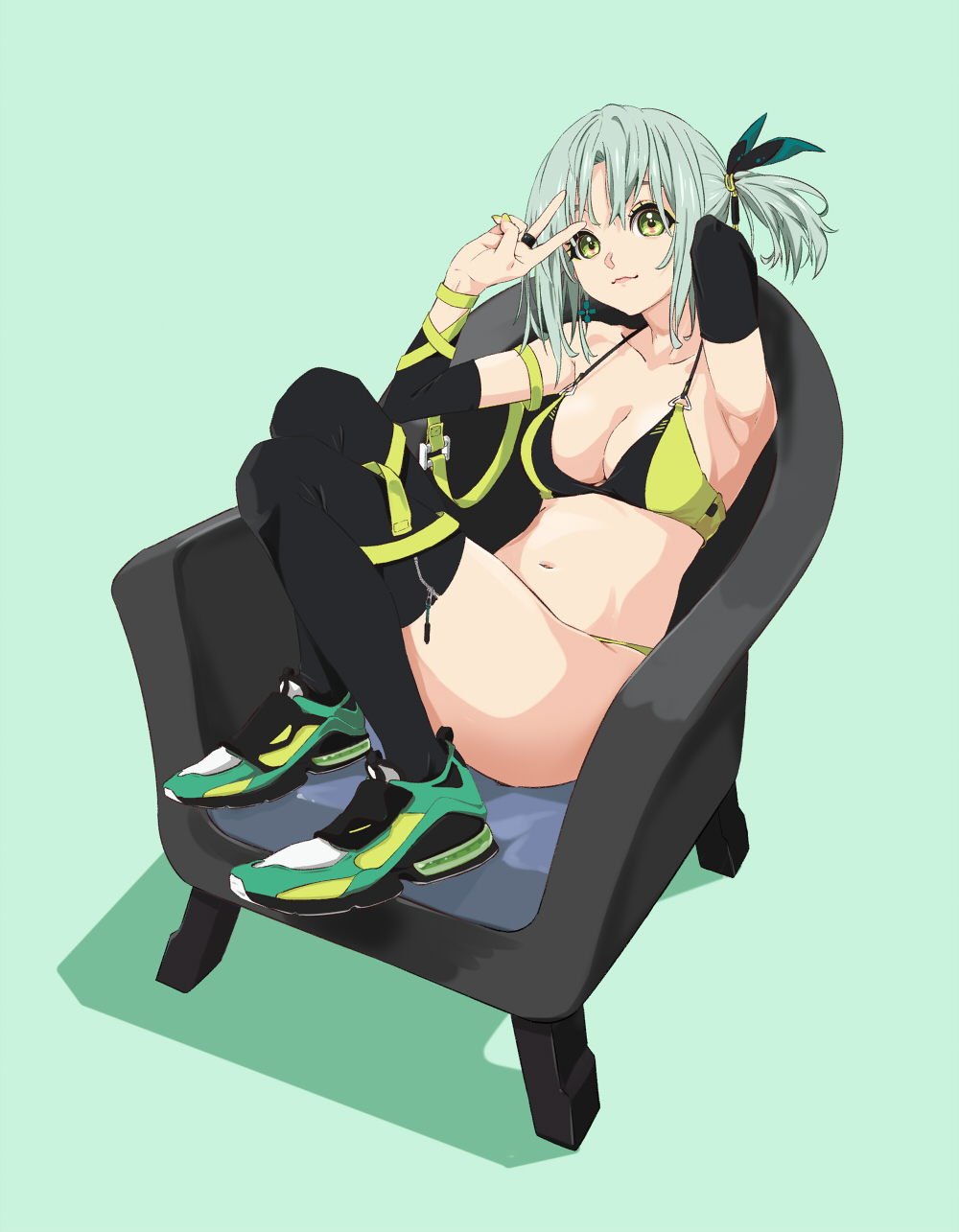 1girl armpits bikini black_thighhighs breasts chair cleavage detached_sleeves green_eyes grey_hair highres jewelry looking_at_viewer navel original ponytail ring saitoyu00 shoes sitting smile sneakers solo swimsuit thighhighs v