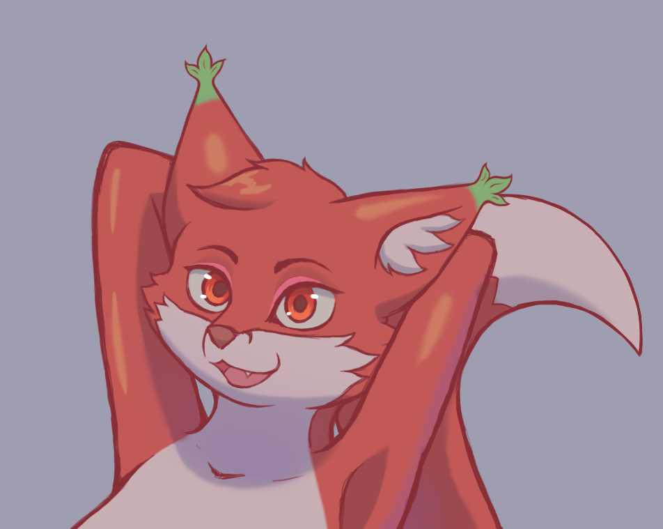 anthro canid canine cute_eyes female food fox foxette fresa_(foxette) fruit fur hair invalid_tag mammal open_mouth plant red_body red_eyes red_fox red_fur red_hair solo strawberry