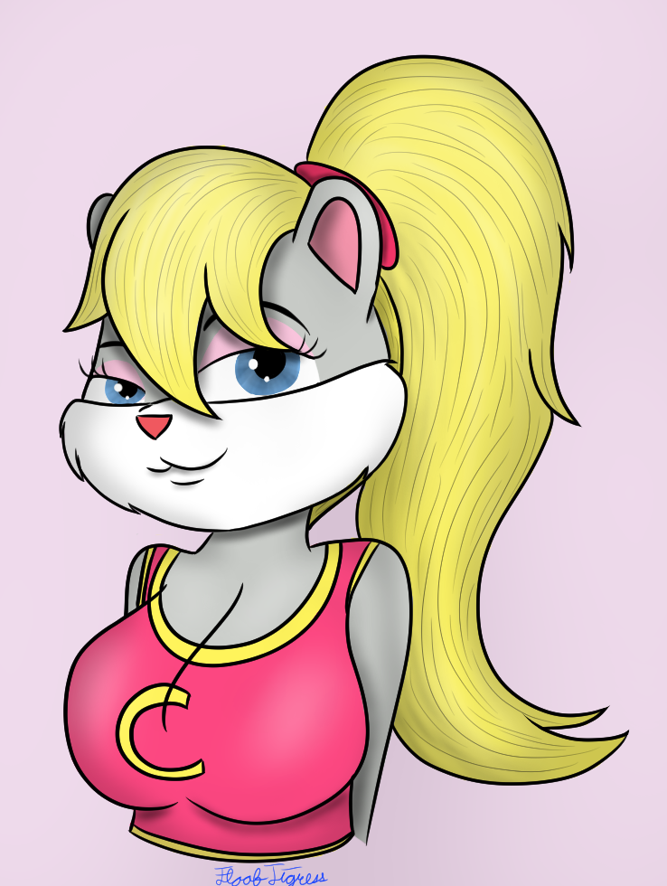 anthro berri big_breasts blonde_hair blue_eyes breasts chipmunk cleavage clothed clothing conker's_bad_fur_day eyelashes female floof-tigress fur glistening glistening_eyes grey_body grey_fur ground_squirrel hair half-closed_eyes hand_behind_back hands_behind_back headshot_portrait looking_at_viewer mammal narrowed_eyes pink_background portrait rareware rodent sciurid shaded simple_background simple_shading smile solo tree_squirrel video_games