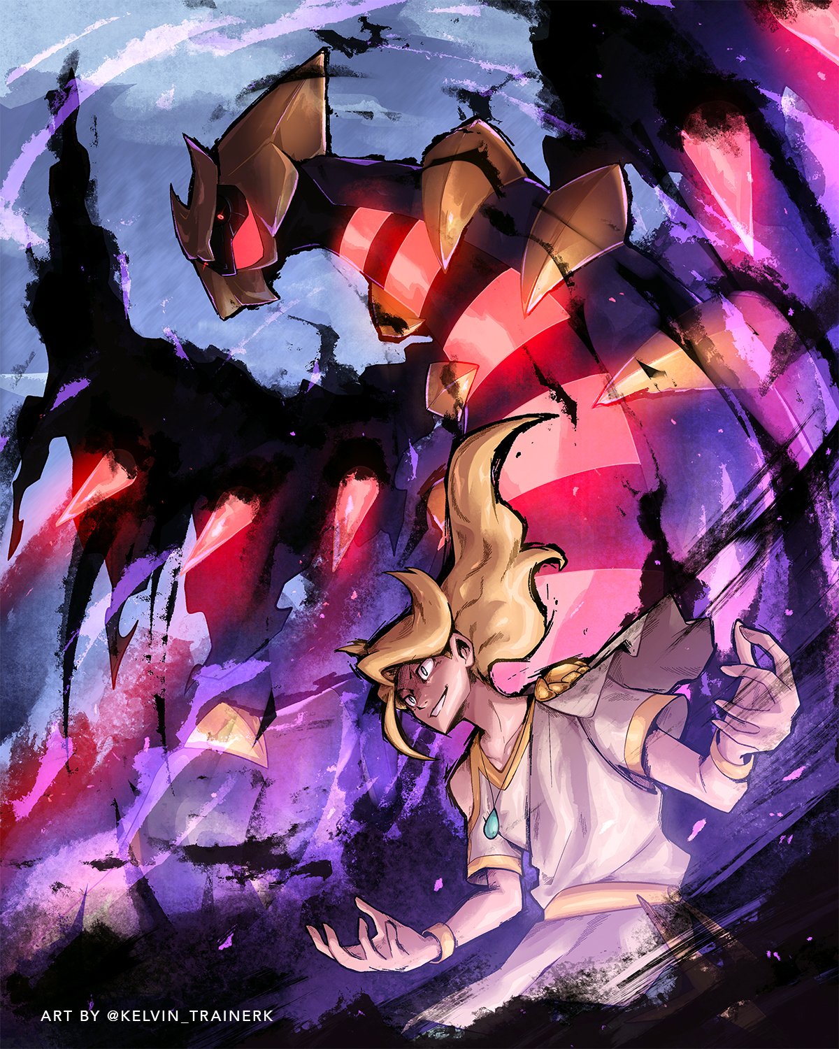 1boy black_eyes blonde_hair bracelet bright_pupils commentary floating_hair giratina giratina_(origin) glowing grin highres jewelry kelvin-trainerk long_hair looking_down male_focus necklace pokemon pokemon_(creature) pokemon_(game) pokemon_legends:_arceus shirt short_sleeves smile teeth twitter_username volo_(pokemon) white_pupils white_shirt