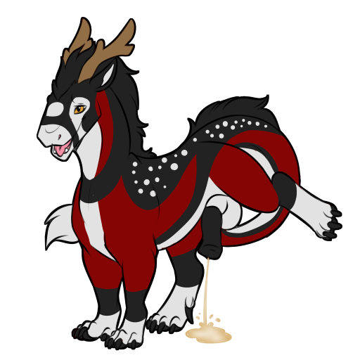 2022 antlers balls bodily_fluids dragon felkin genital_fluids genitals horn leg_markings mane markings paws peeing penis red_body socks_(marking) symrea telegram_sticker tongue urine urine_pool urine_stream yellow_eyes