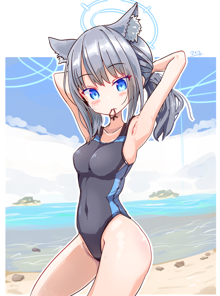 1girl animal_ear_fluff animal_ears arms_behind_head bangs beach black_swimsuit blue_archive blue_eyes blue_sky breasts cloud commentary_request competition_swimsuit contrapposto covered_navel cross_hair_ornament day extra_ears grey_hair hair_ornament halo horizon looking_at_viewer low_ponytail maiku medium_breasts medium_hair mismatched_pupils mouth_hold multicolored_clothes multicolored_swimsuit ocean one-piece_swimsuit outdoors rubber_band shiroko_(blue_archive) shiroko_(swimsuit)_(blue_archive) sky solo swimsuit