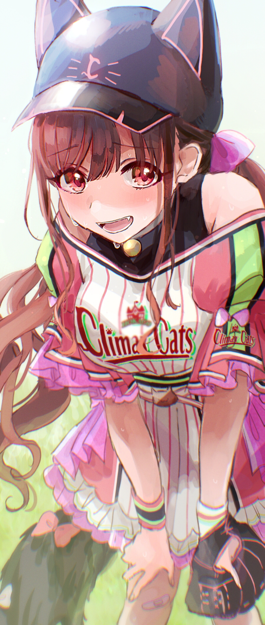 1girl baseball_cap baseball_mitt baseball_uniform breasts brown_hair dress fangs feet_out_of_frame frilled_sleeves frills hands_on_own_thighs hat highres idolmaster idolmaster_shiny_colors large_breasts leaning_forward long_hair off-shoulder_dress off_shoulder paddy_field red_eyes solo sonoda_chiyoko sportswear striped striped_dress sweatdrop wristband