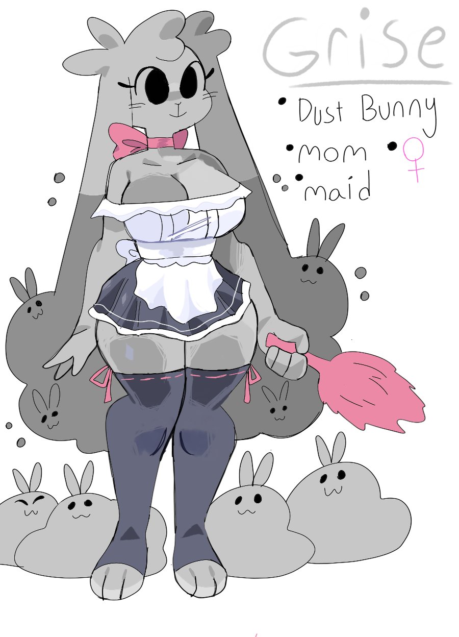 anthro black_clothing breasts character_name cleavage clothed clothing dust dust_bunny dust_cloud eyes_closed female feral fur grey_body grey_ear grey_fur grey_hair grise_(puppkittyfan1) group hair hi_res holding_object lagomorph leporid long_ears long_hair maid_uniform mammal multicolored_body multicolored_fur multicolored_hair paws pink_clothing puppkittyfan1 rabbit smile solo solo_focus two_tone_body two_tone_ear two_tone_fur two_tone_hair uniform wide_hips