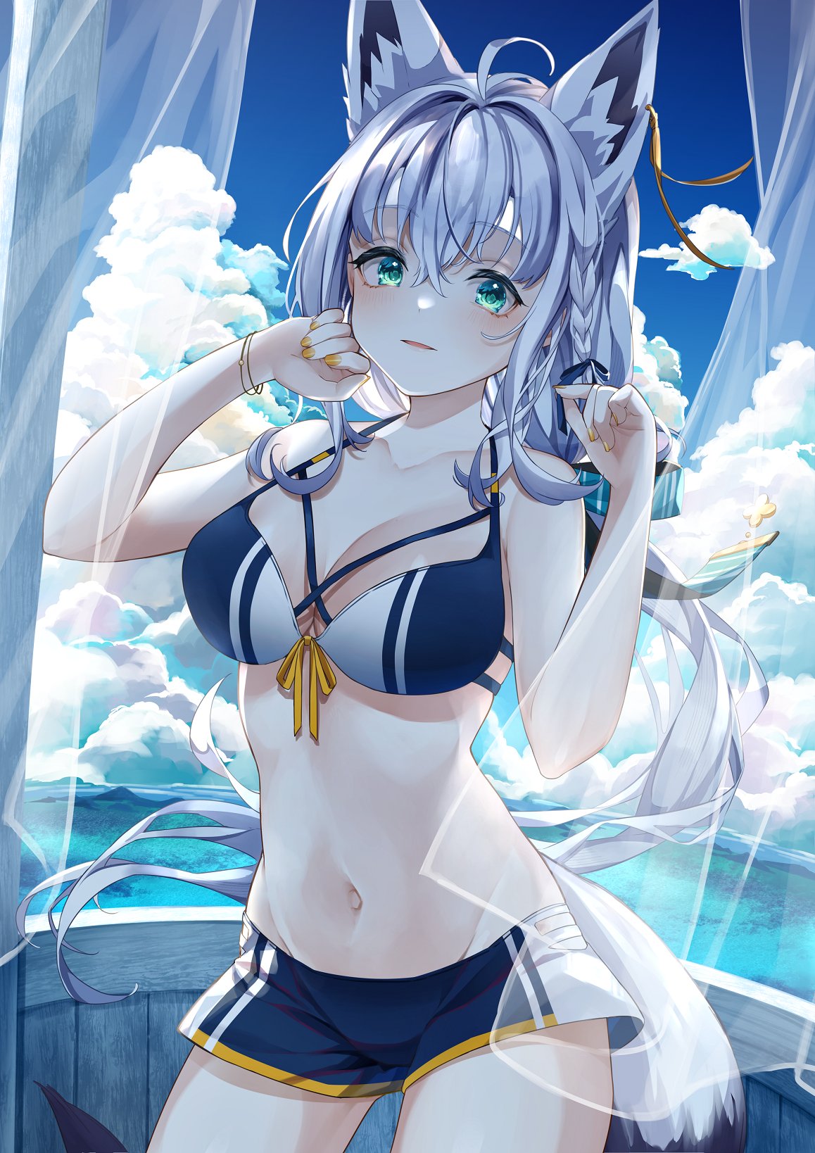 1girl ahoge animal_ear_fluff animal_ears bangs bikini bikini_shorts blue_bikini blush bracelet braid breasts cloud cloudy_sky commentary_request curtains earrings fox_ears fox_girl fox_tail gezerun green_eyes hair_between_eyes highres hololive jewelry long_hair looking_at_viewer medium_breasts navel open_mouth shirakami_fubuki shorts sidelocks single_braid sky smile solo swimsuit tail virtual_youtuber white_hair yellow_nails