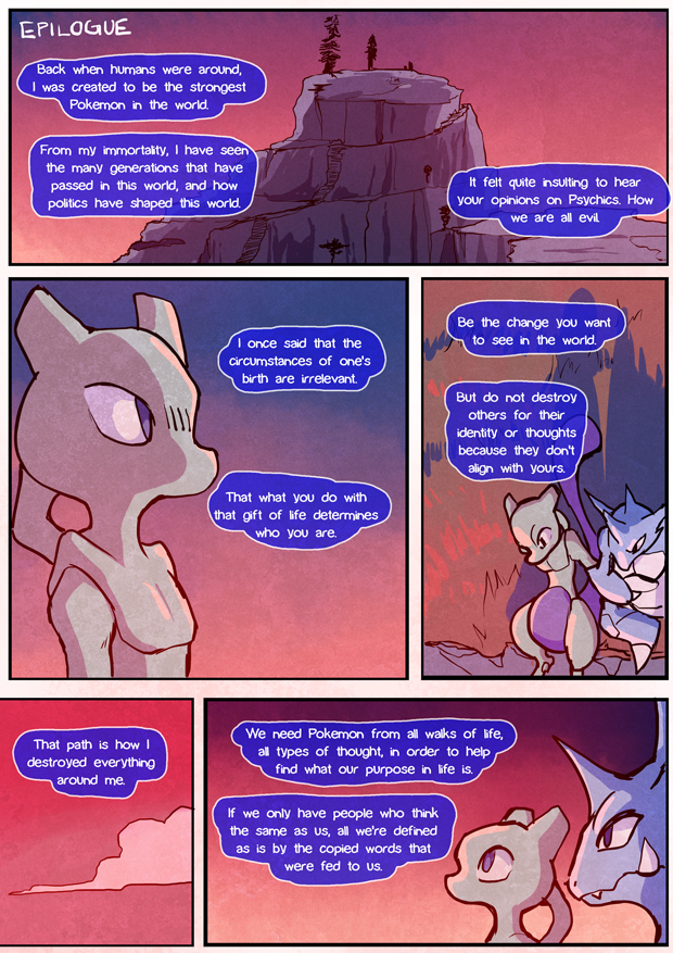 ambiguous_gender anthro blue_body claws comic dialogue digital_media_(artwork) english_text fangs felid grimart legendary_pok&eacute;mon male mammal mewtwo mountain multicolored_body nidoking nintendo outside pok&eacute;mon pok&eacute;mon_(species) shiny_pok&eacute;mon sky solo spikes spikes_(anatomy) text tini_(grimart) two_tone_body video_games white_body white_claws
