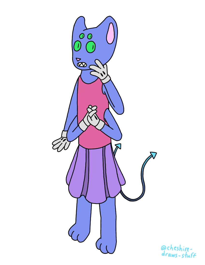 2_tails 4_arms 4_eyes 4_fingers alpha_channel ambiguous_gender anthro blue_body bottomwear cartoon_gloves cheshire_draws_stuff clothing digitigrade fingers gloves gradient gradient_tail green_eyes handwear multi_arm multi_eye multi_limb multi_tail nervous pink_nose purple_bottomwear purple_clothing purple_skirt red_clothing red_shirt red_tank_top red_topwear sharp_teeth shirt signature skirt solo spade_tail tank_top teeth topwear white_clothing white_gloves white_handwear