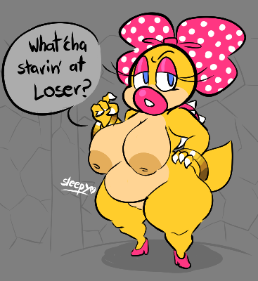 4_fingers anthro areola big_areola big_breasts big_nipples blue_eyes bow_(disambiguation) bow_on_head bracelet breasts dialogue eyelashes eyeshadow female fingers grey_background high_heels huge_areola huge_breasts huge_nipples inverted_nipples jewelry koopa koopaling lips lipstick looking_at_viewer low_res makeup mario_bros nintendo nipples pink_bow pink_eyeshadow pink_high_heels pink_lipstick reptile scalie shell short_stack simple_background sleepyslut slightly_chubby solo speech_bubble spiked_shell spikes spikes_(anatomy) talking_to_viewer tan_areola tan_nipples text thick_lips thick_thighs video_games wendy_o._koopa wide_hips