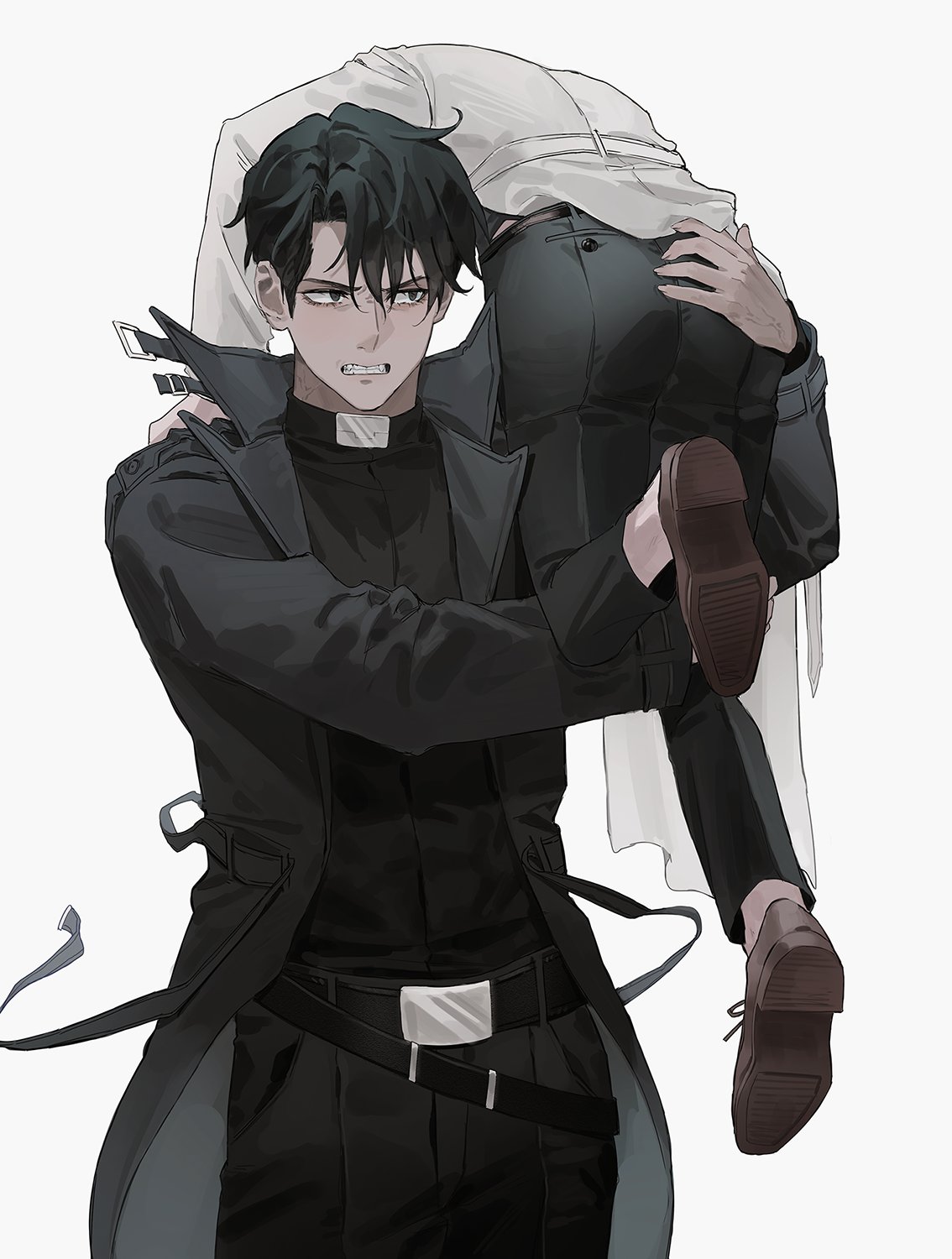 2boys ass belt black_coat black_eyes black_hair black_pants black_shirt brown_footwear carrying_over_shoulder character_request clenched_teeth coat dok-ja_kim floating_clothes hand_on_another's_ass hand_on_another's_leg hand_on_another's_shoulder hands_up highres huh_1222 jacket joonghyuk_yoo kicking korean_commentary long_sleeves looking_at_another male_focus multiple_boys omniscient_reader's_viewpoint pants shirt shoe_soles shoes short_hair sideways_glance simple_background struggling teeth tight tight_shirt toned toned_male white_background white_jacket