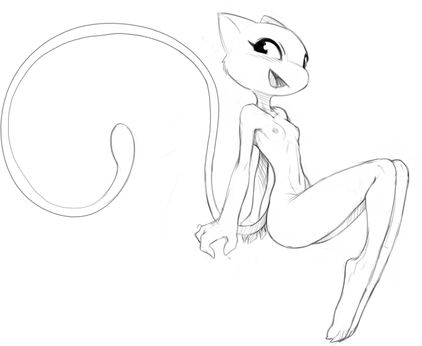 2020 anthro black_and_white breasts felid female full-length_portrait legendary_pok&eacute;mon long_tail mammal mew monochrome nintendo nipples nude open_mouth open_smile pok&eacute;mon pok&eacute;mon_(species) portrait sitting sketch small_breasts smile solo video_games w4g4