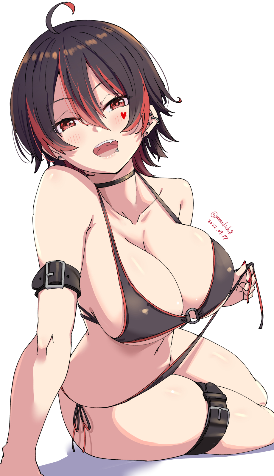 1girl arm_belt belt bikini black_belt black_bikini black_choker blush breasts brown_hair choker collarbone dated ear_piercing facial_tattoo hair_between_eyes heart heart_tattoo highres kichihachi large_breasts leg_belt lip_piercing looking_at_viewer multicolored_hair o-ring o-ring_bikini open_mouth piercing red_eyes red_hair short_hair side-tie_bikini simple_background sitting solo swimsuit tattoo teeth twitter_username two-tone_hair upper_teeth white_background