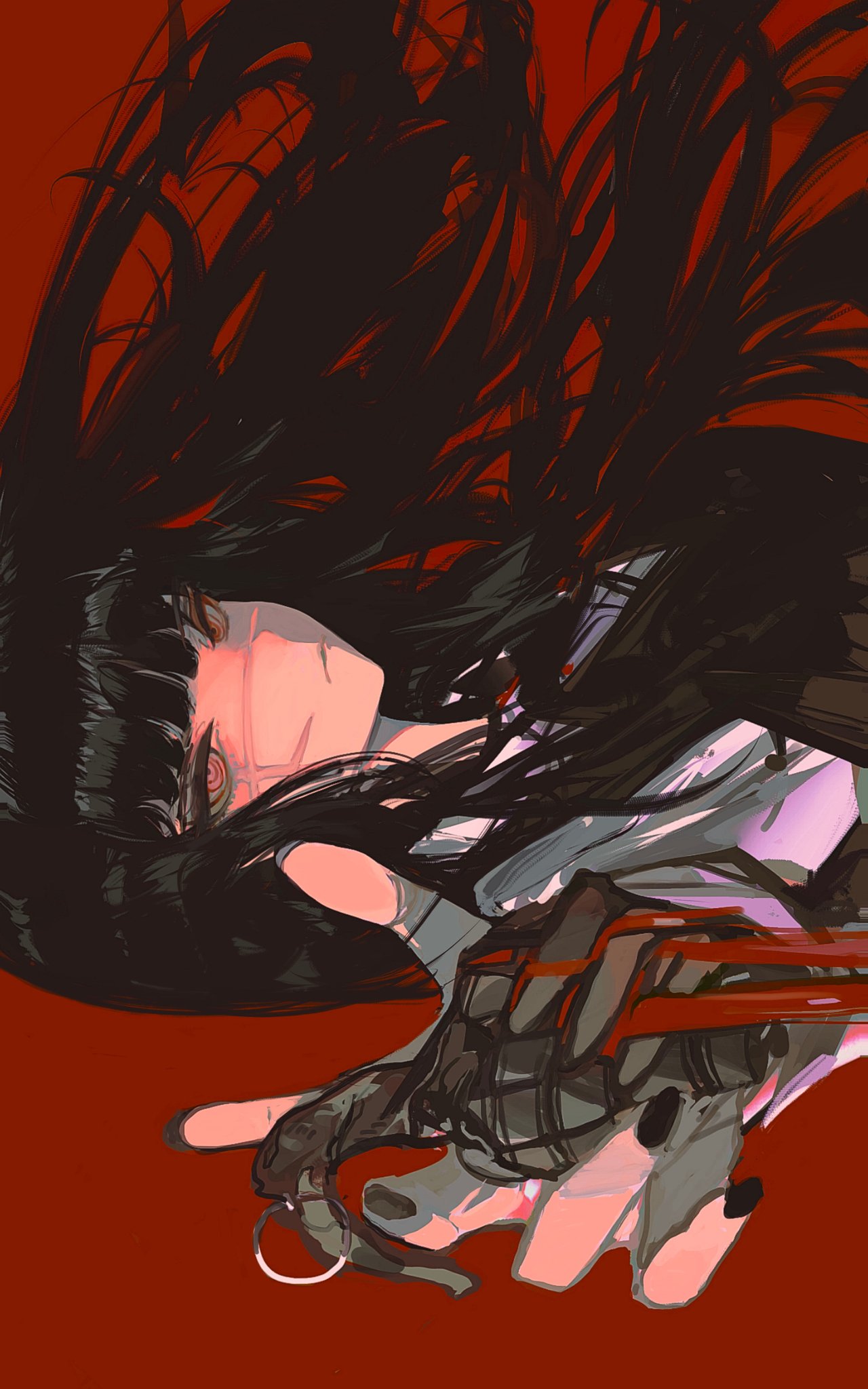 1girl bangs black_dress black_hair black_nails blood chainsaw_man closed_mouth collared_shirt cross_scar dress explosive expressions floating_hair grenade highres holding holding_grenade john_kafka long_hair long_sleeves looking_at_viewer mitaka_asa pinafore_dress red_background ringed_eyes scar scar_on_cheek scar_on_face shirt sideways simple_background solo upper_body war_devil_(chainsaw_man) white_hair