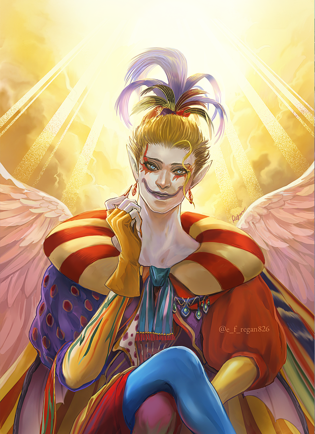 1boy backlighting blonde_hair blue_eyes cefca_palazzo cloud cloudy_sky clown crossed_legs earrings facepaint feather_hair_ornament feathers final_fantasy final_fantasy_vi fingerless_gloves fingernails gloves hair_ornament jewelry leggings long_sleeves male_focus multicolored_clothes pointy_ears ponytail puffy_sleeves purple_lips regan_(hatsumi) sharp_fingernails sky smile solo upper_body wings yellow_gloves