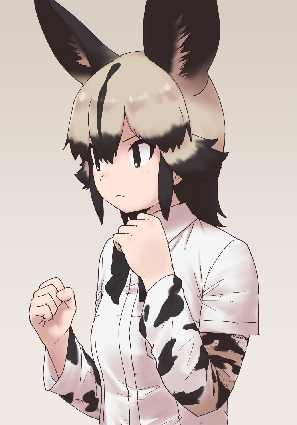 1girl african_wild_dog_(kemono_friends) african_wild_dog_print animal_ears blonde_hair blue_necktie brown_hair clenched_hands collared_shirt dog_ears dog_girl extra_ears highres kemono_friends long_sleeves multicolored_hair necktie pose print_sleeves rumenia_(ao2is) shirt short_hair short_sleeves solo t-shirt upper_body white_shirt