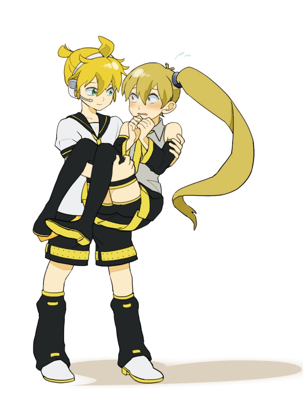 1boy 1girl akita_neru bare_shoulders black_sailor_collar black_shorts black_skirt black_sleeves black_thighhighs blonde_hair blush carrying commentary detached_sleeves embarrassed flying_sweatdrops full_body grey_shirt hair_tie hand_on_another's_shoulder hand_on_another's_thigh kagamine_len leg_warmers long_hair looking_at_another miniskirt necktie open_mouth pleated_skirt princess_carry red_eyes regain sailor_collar school_uniform shirt short_ponytail short_sleeves shorts side_ponytail skirt sleeveless sleeveless_shirt smile spiked_hair standing thighhighs very_long_hair vocaloid white_background white_shirt wide-eyed yellow_necktie zettai_ryouiki