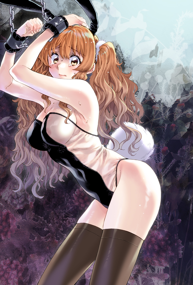 1girl animal_ears areola_slip armpits arms_up ass black_thighhighs blush bound bound_wrists breasts chained_wrists cleavage covered_navel fake_animal_ears floral_background highres idolmaster idolmaster_cinderella_girls large_breasts leaning_forward long_hair looking_at_viewer moroboshi_kirari nipple_slip nipples orange_hair playboy_bunny rabbit_ears rabbit_tail skin_tight solo sweatdrop tail takanashi_ringo tears thighhighs translucent_bunnysuit twintails very_long_hair wavy_hair