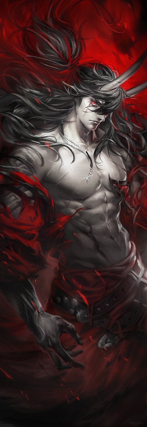 1boy abs armband beads belt black_hair colored_skin curled_horns demon_boy grey_skin hair_beads hair_ornament hair_over_one_eye highres horns iroai_midodo long_hair looking_at_viewer male_focus multicolored_hair multiple_belts muscular muscular_male original pectorals ponytail red_background red_eyes skin-covered_horns tattoo topless_male