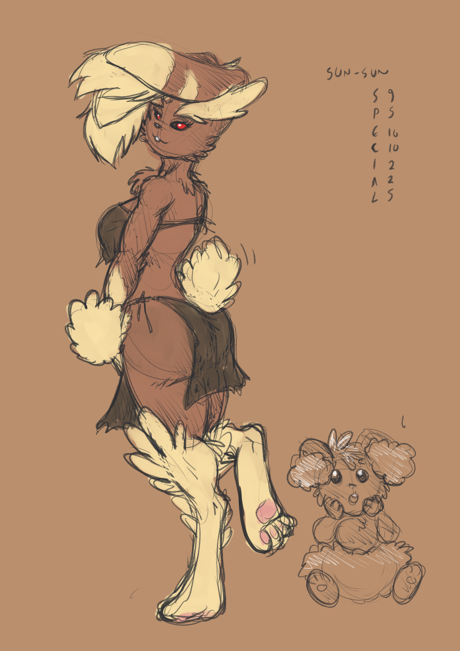 2022 4_toes anthro black_sclera bottomwear buckteeth buneary chest_wraps clothing colored_sketch cotton_tail domestic_rabbit english_text feet female folded_ears hi_res lagomorph leporid loincloth looking_at_viewer looking_back lop_rabbit lopunny mammal motion_lines nintendo number oryctolagus pawpads pok&eacute;mon pok&eacute;mon_(species) pok&eacute;morph rabbit red_eyes s-nina simple_background sketch solo_focus stats sun-sun_(s-nina) teeth text toes video_games wraps wrist_fluff